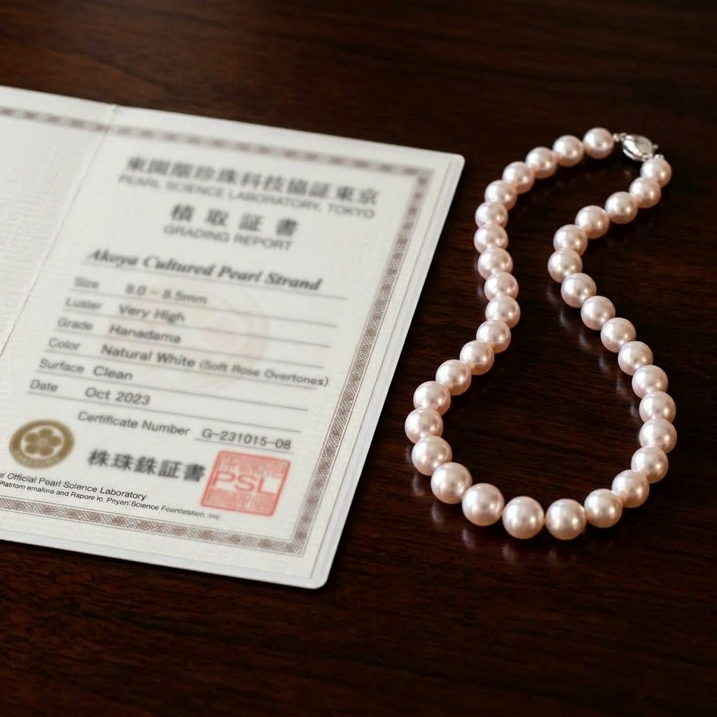Official Pearl Science Laboratory Tokyo Hanadama certificate next to a certified mirror-luster Akoya pearl necklace.