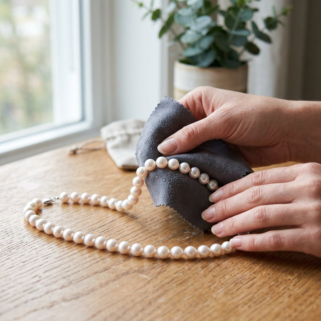 Gently wiping a white pearl necklace with a soft damp microfiber cloth on a clean wooden surface.