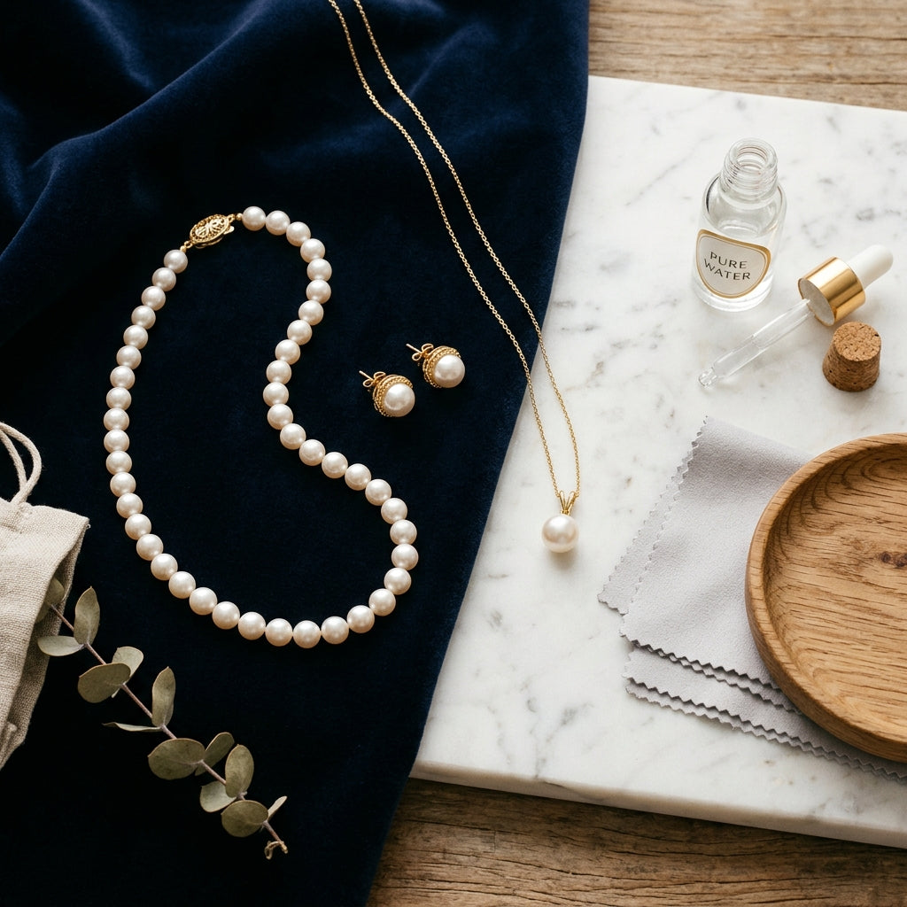 Editorial flatlay of fine pearl jewelry on dark navy velvet and white Carrara marble alongside gentle care tools