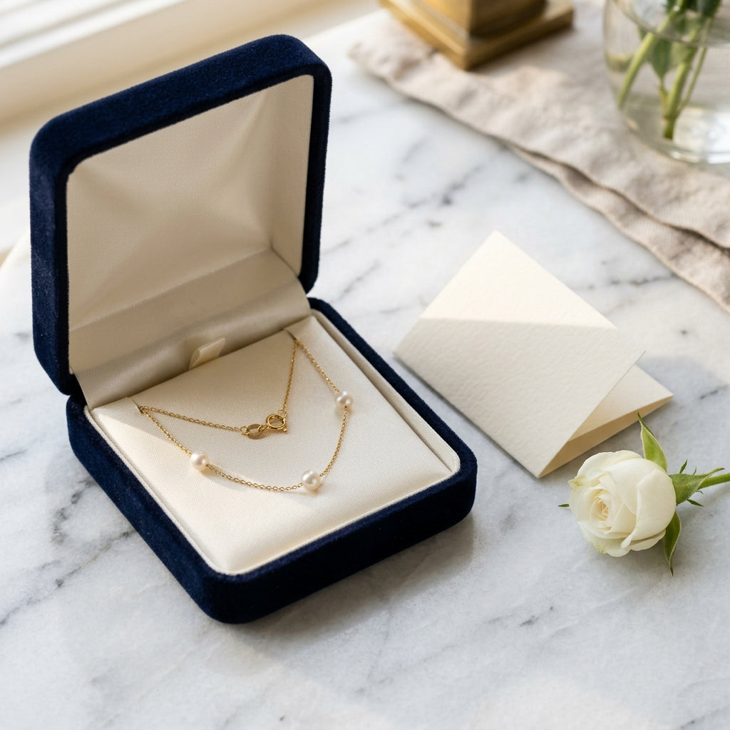 Widescreen flatlay display of a delicate starter pearl necklace with three small pearls on a fine gold chain resting inside a navy velvet gift box next to a note card on marble