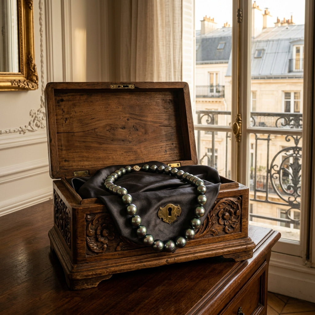 Tahitian black pearl necklace with iridescent peacock green overtones draped over dark silk inside a carved walnut jewelry box
