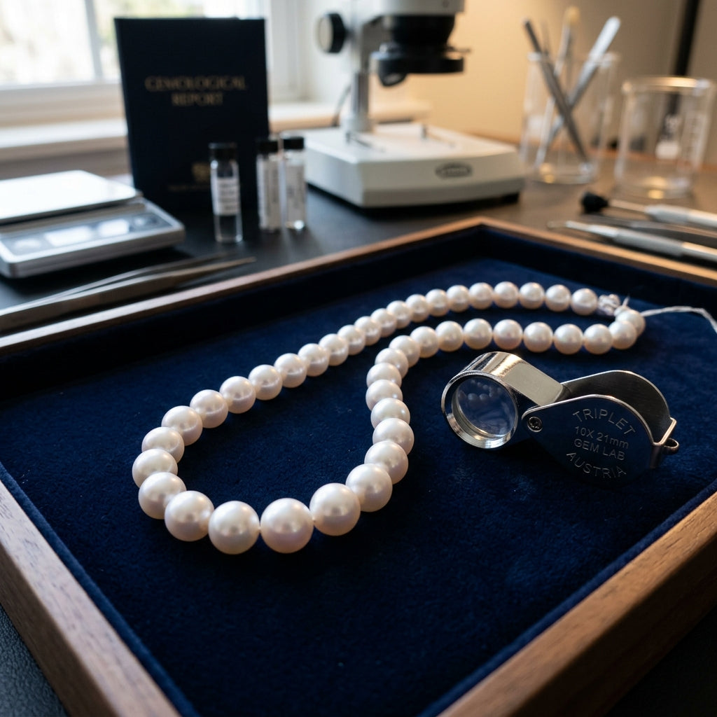 High-end macro photography of a real cultured white pearl strand on a dark navy blue velvet tray inside a gemological laboratory setting, alongside a polished silver jeweler's loupe with studio illumination highlighting true nacre overtone.