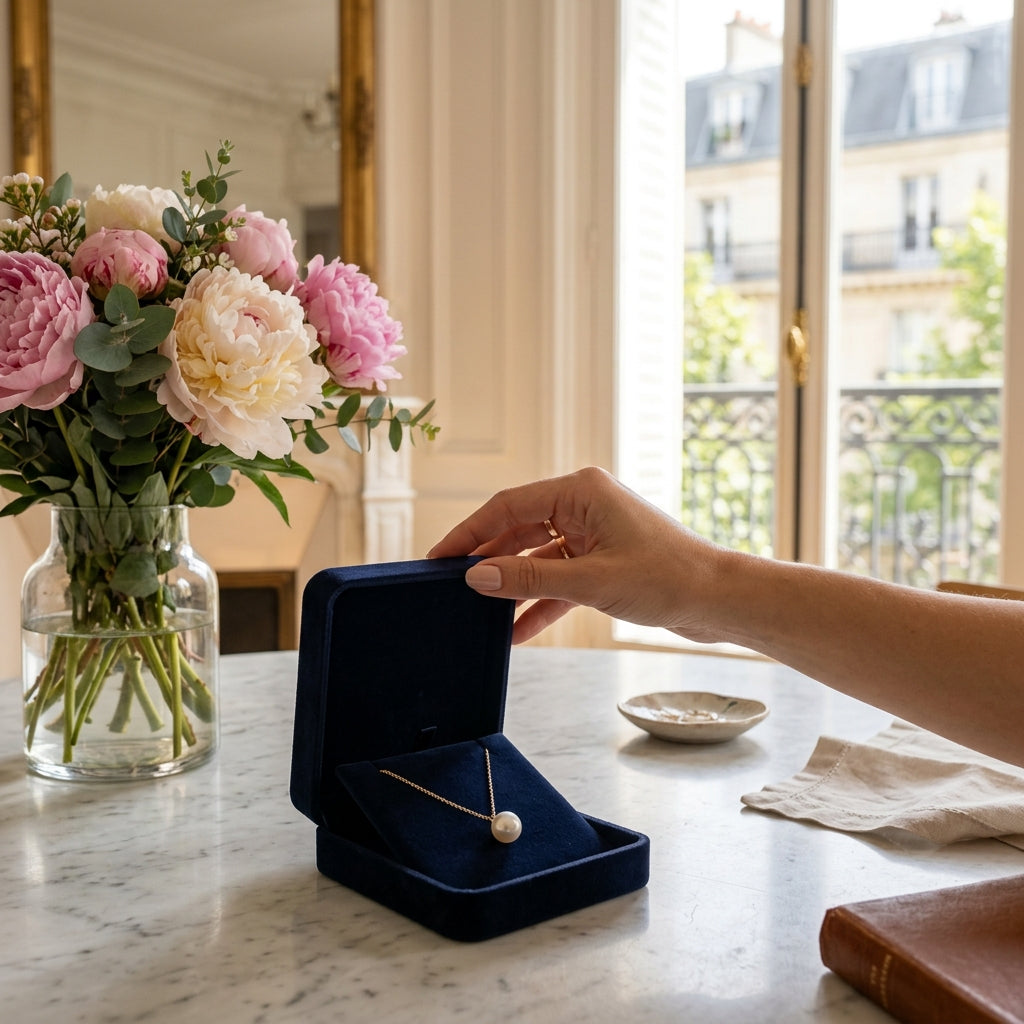 Manicured hand opening velvet jewelry box displaying white Akoya pearl pendant necklace on marble table in Parisian apartment