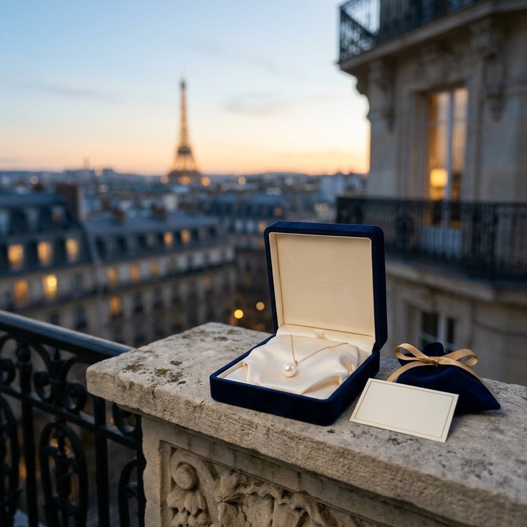 Luxury pearl pendant gift on Parisian Haussmann balcony with soft Eiffel Tower dusk glow
