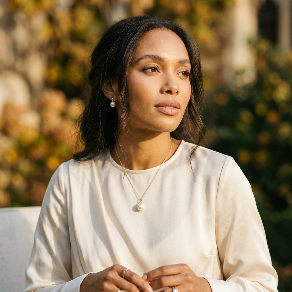 Fashion portrait of an elegant woman wearing a Grande Lilith 14K gold pearl solitaire pendant in natural sunlight.