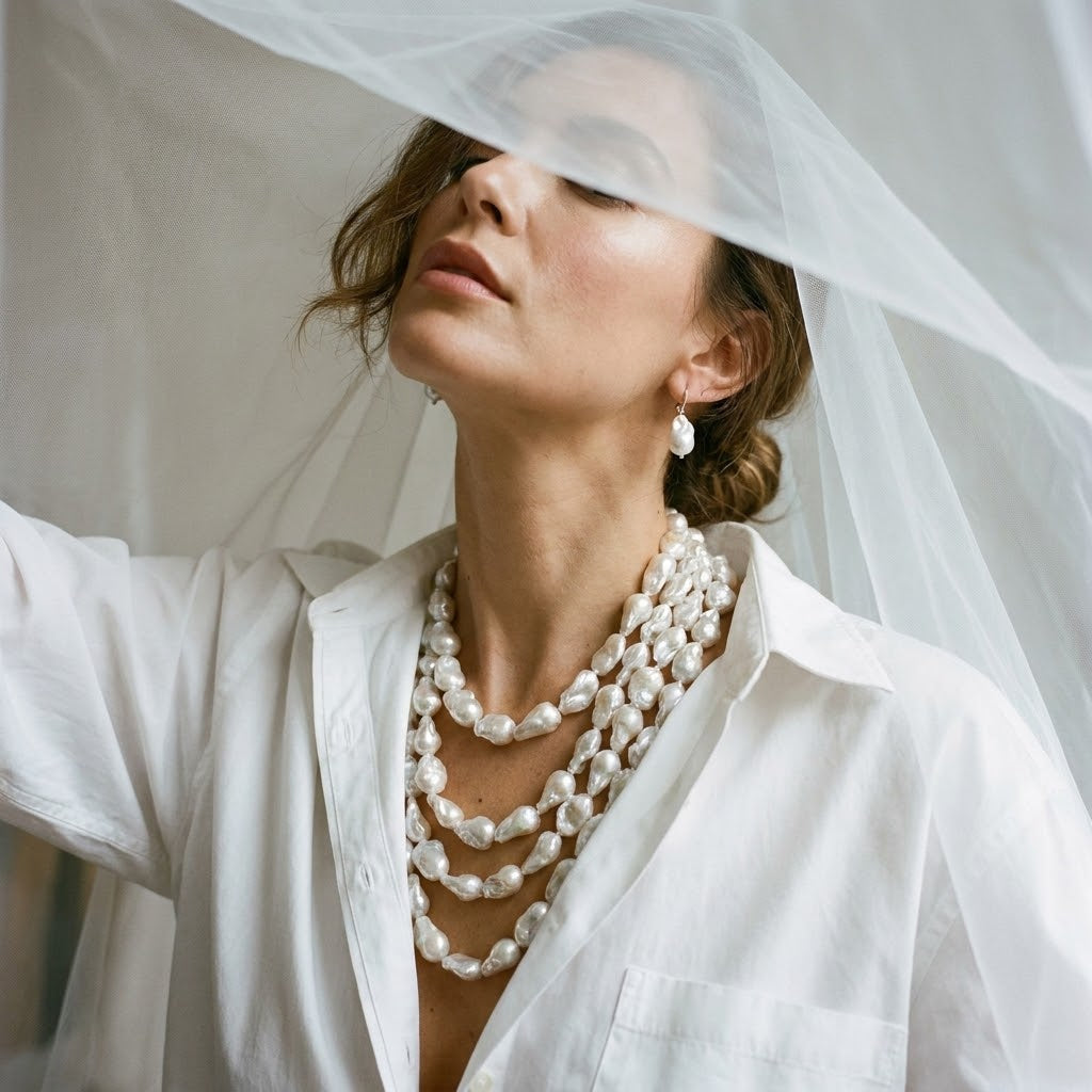 A high-fashion editorial shot of a woman looking up softly from beneath a sheer white veil, wearing multiple statement layers of large baroque pearls and elegant long pearl drop earrings.