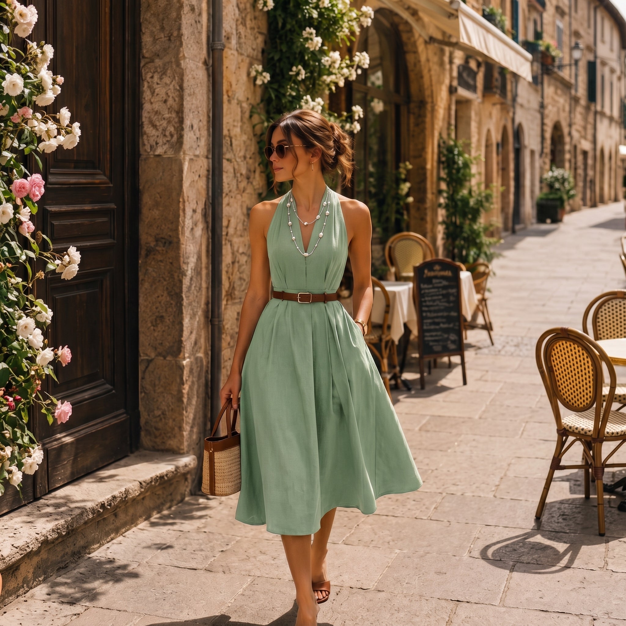 A chic woman in a light green halter summer dress wearing a delicate double-strand asymmetrical baroque pearl necklace while walking down a sunlit European cobblestone street.