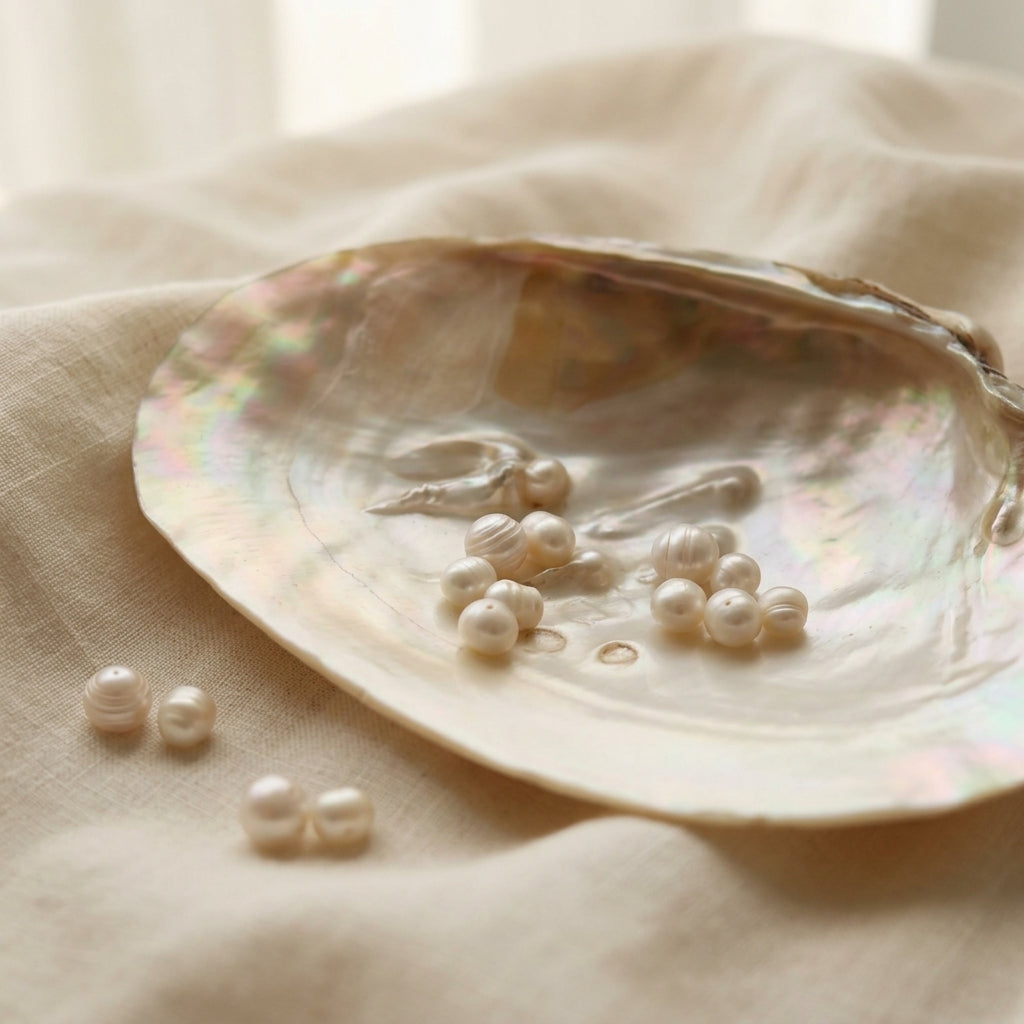 Loose white pearls displayed inside a mother-of-pearl shell on soft beige linen fabric.