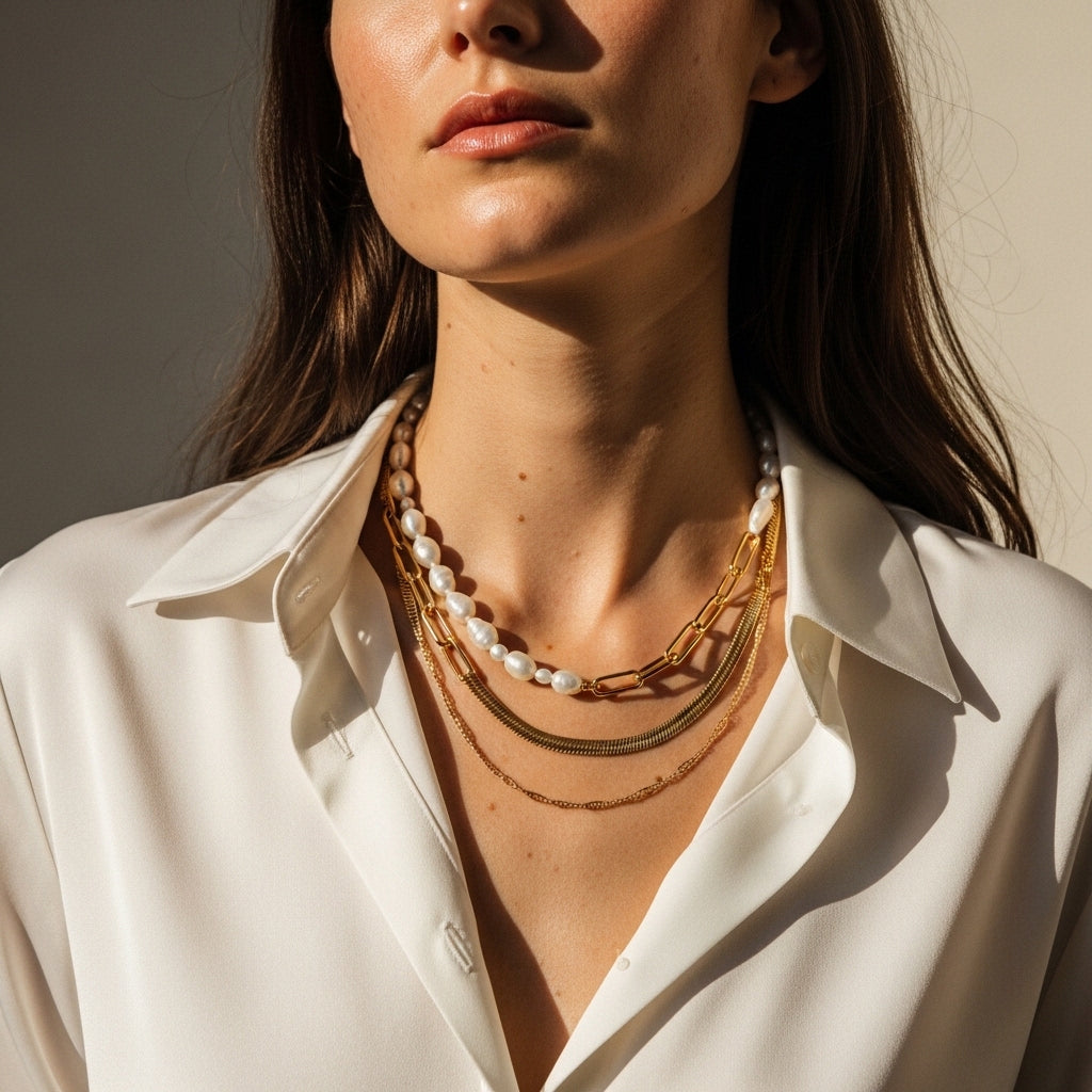 How to Mix a Layered Pearl Necklace with Solid Gold Chains