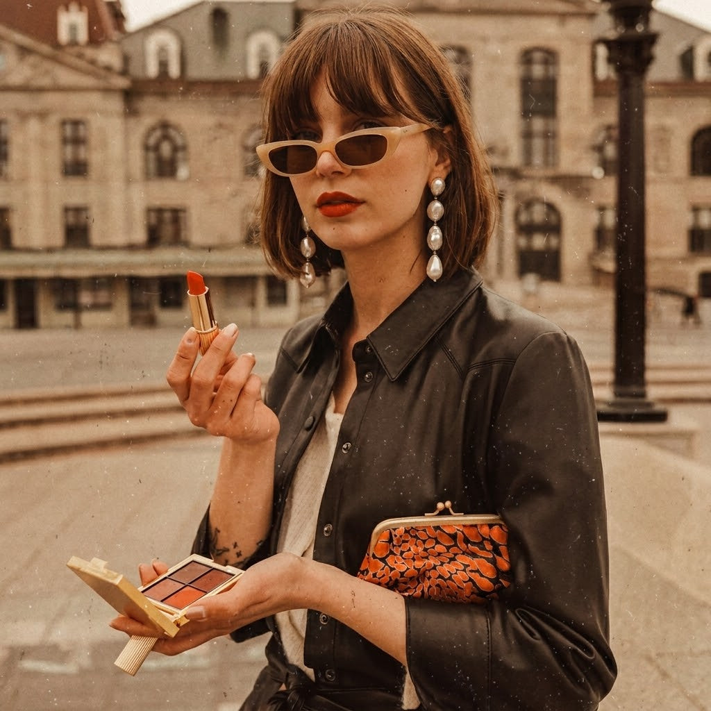 A stylish modern woman wearing a leather trench coat and Grande Lilith long freshwater pearl drop earrings, applying red lipstick in Paris. Showcasing accessible luxury jewelry for everyday wear.
