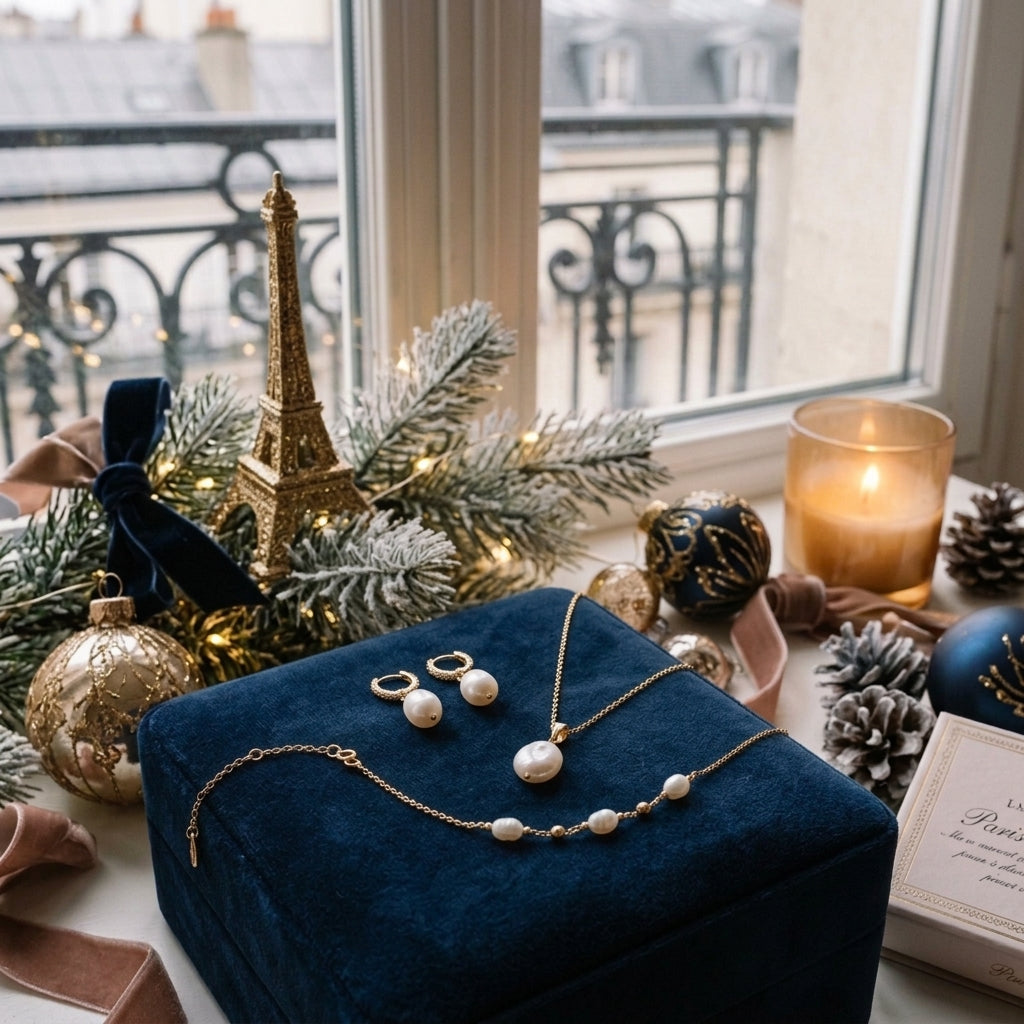 Pearl earrings, necklace, and bracelet displayed on a navy velvet jewelry box surrounded by elegant Christmas decorations and a miniature Eiffel Tower.