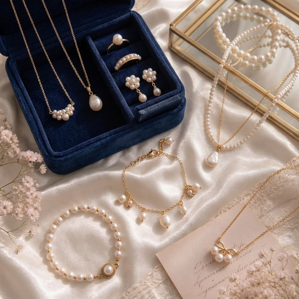 Elegant pearl and gold jewelry collection displayed on ivory satin, including necklaces, bracelets, earrings, and rings in a navy velvet jewelry box.
