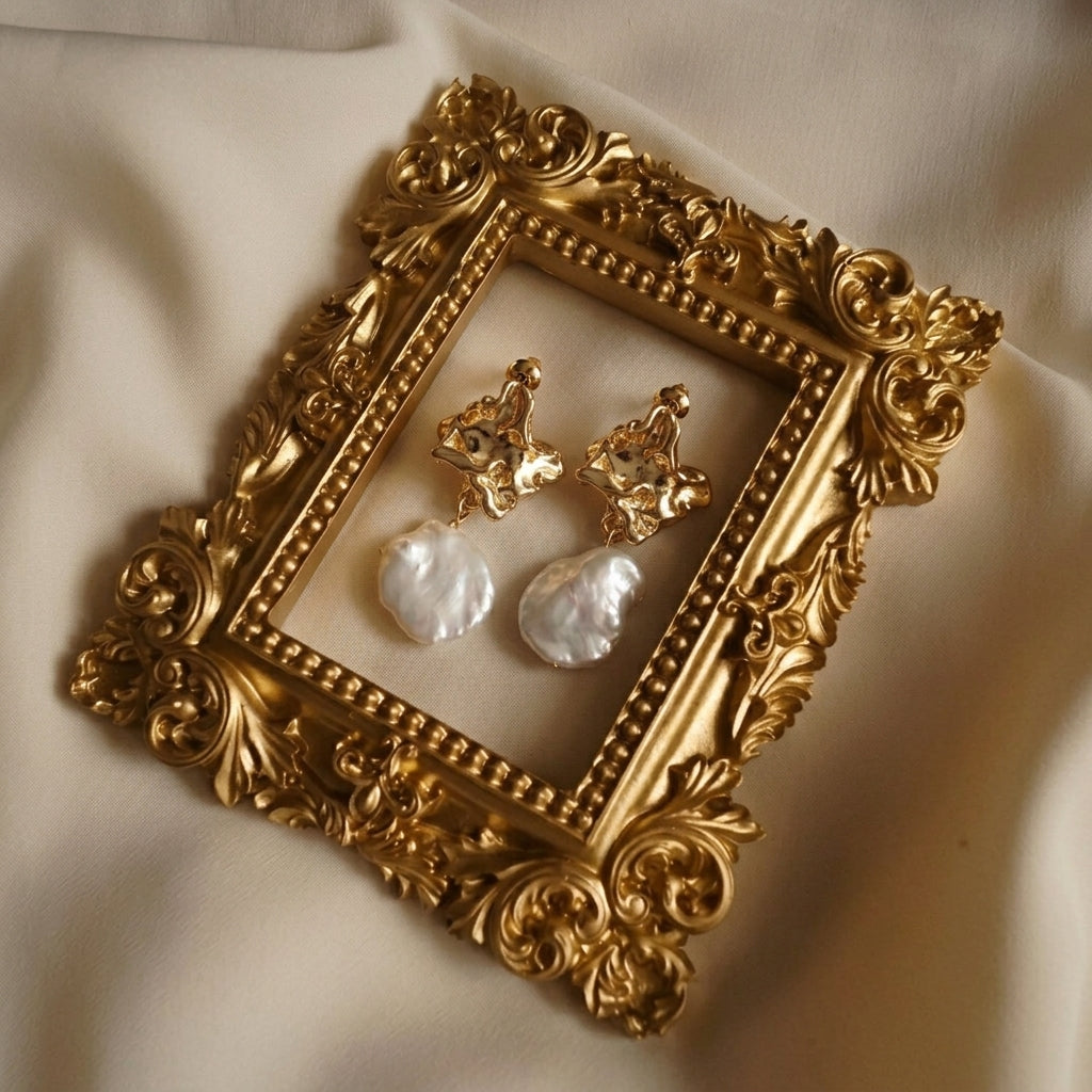 A pair of elegant long pearl earrings featuring flat baroque freshwater pearls and textured gold tops, beautifully displayed inside an ornate vintage gold frame resting on draped ivory silk.