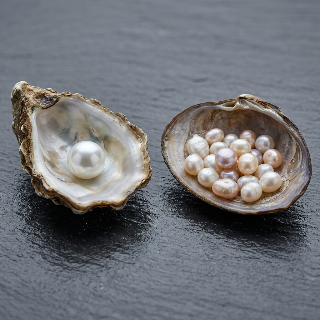Macro comparison of a marine saltwater oyster shell with one mirror-luster round pearl alongside a freshwater mussel shell containing multiple organic pearls.