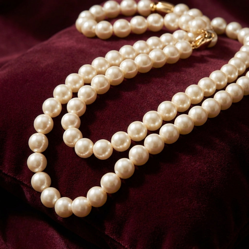 Elegant imitation pearl necklace with uniform ivory-white simulated pearl beads and gold-tone clasps on burgundy velvet.