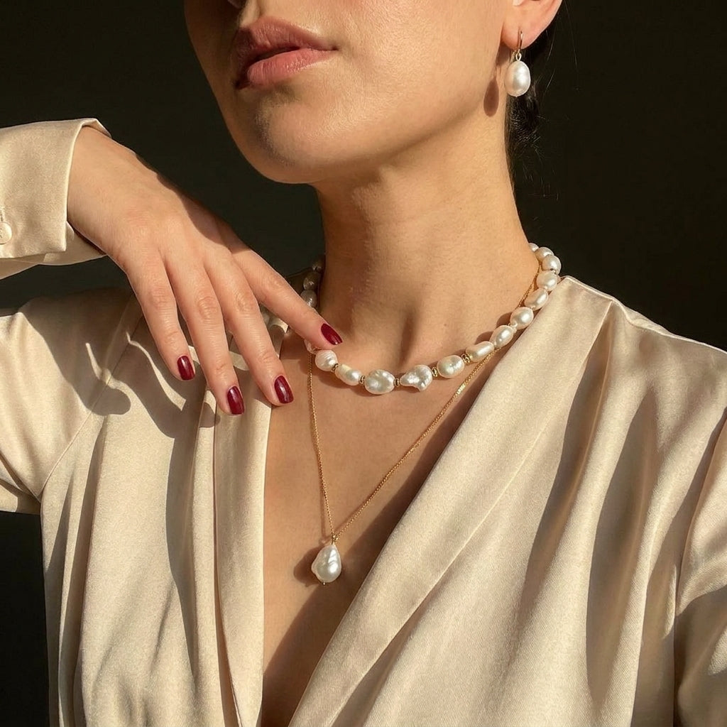 Woman wearing a short baroque pearl necklace and a single pearl pendant on a gold chain with an ivory satin blouse.