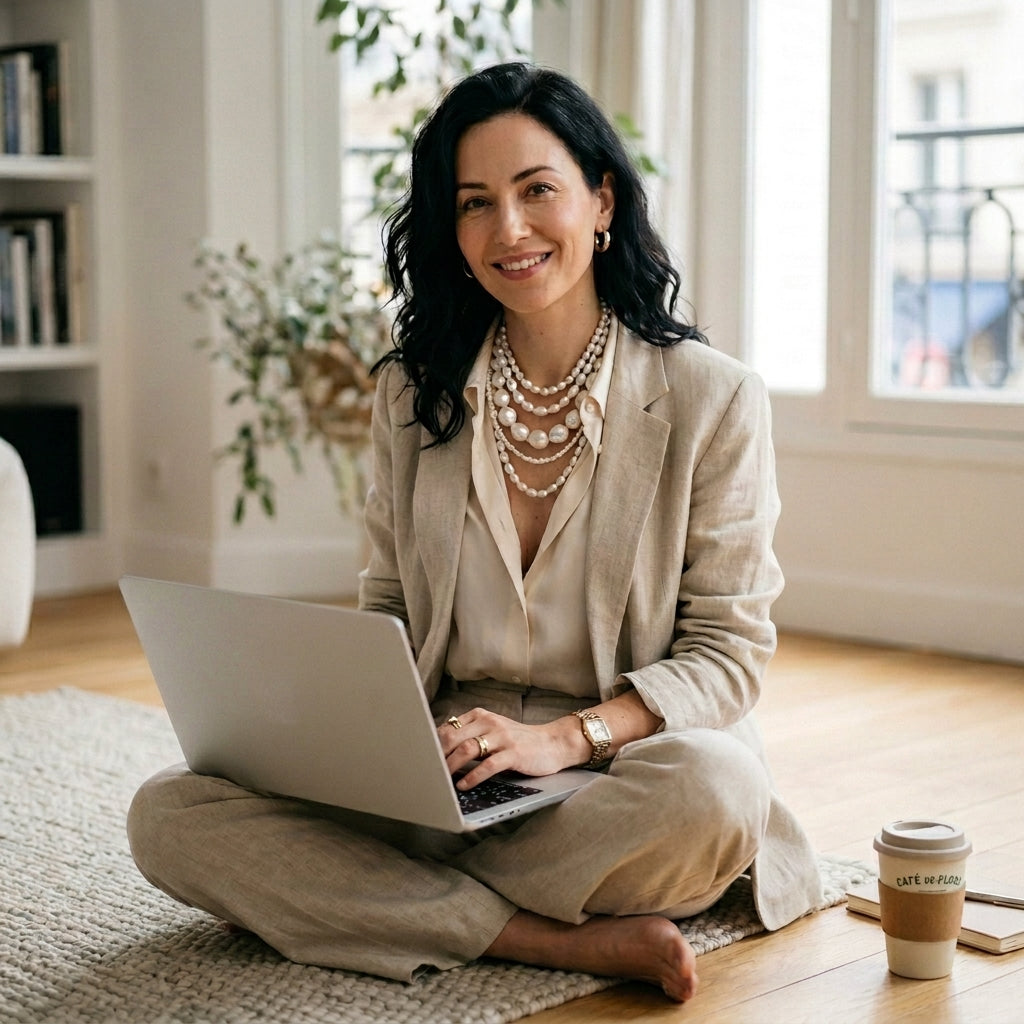 A chic professional woman with black hair sitting with a laptop, wearing a beige suit and multiple layered statement baroque pearl necklaces for a modern office look