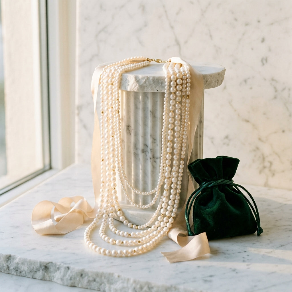 Long multi-strand white pearl statement necklace draped gracefully over a Carrara marble pedestal next to an unbranded velvet pouch