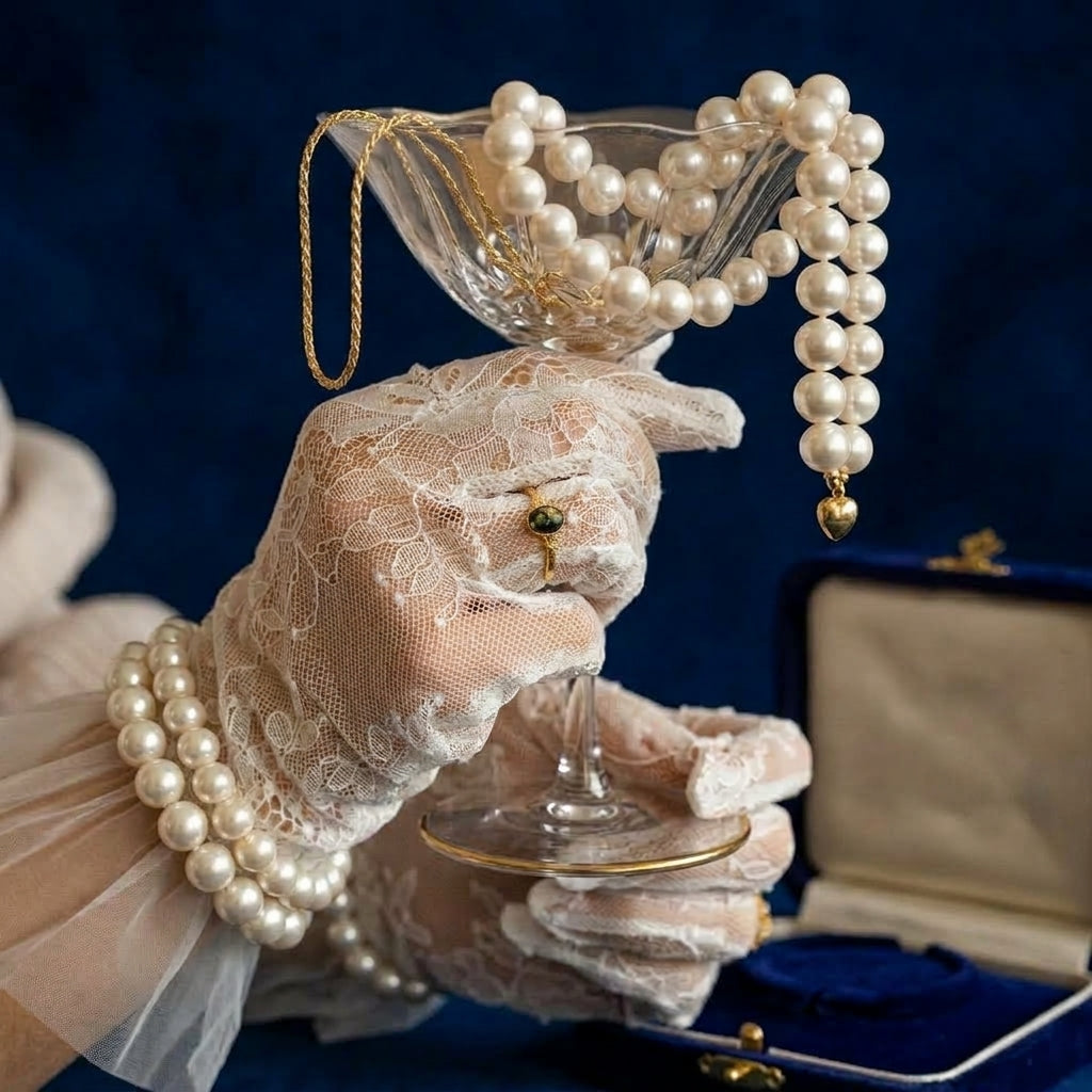 White pearl necklace draped over a vintage glass coupe held by lace-gloved hands, with layered pearl bracelets and a blue jewelry box in the background.