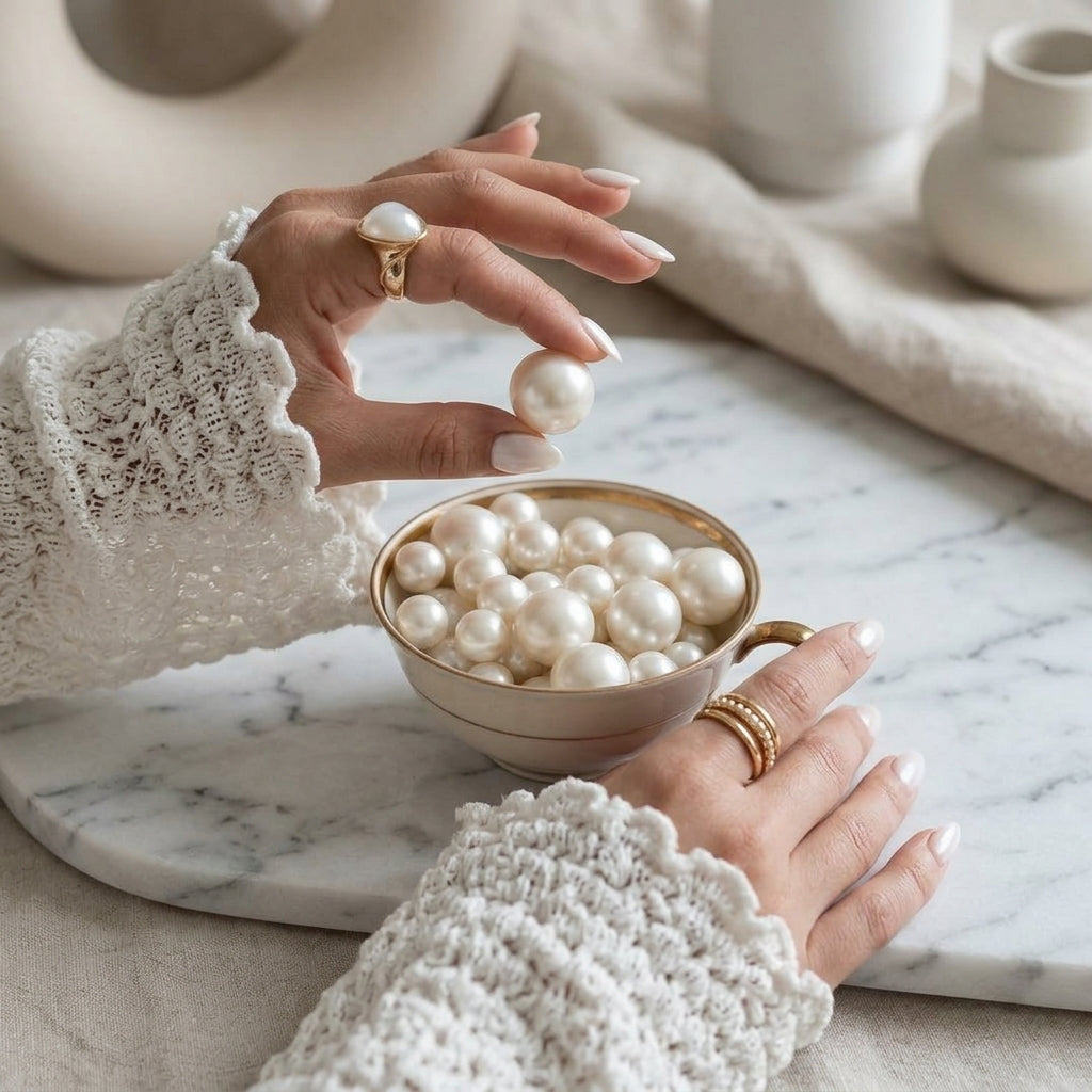 Woman holding a large white pearl above a small bowl filled with loose pearls, styled on a marble surface with neutral decor.