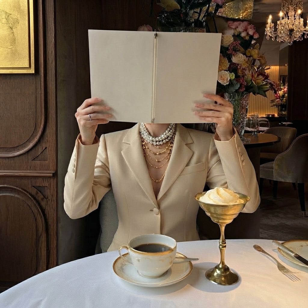 Woman in a cream blazer wearing layered pearl and gold necklaces while holding a menu in front of her face at an elegant restaurant table.