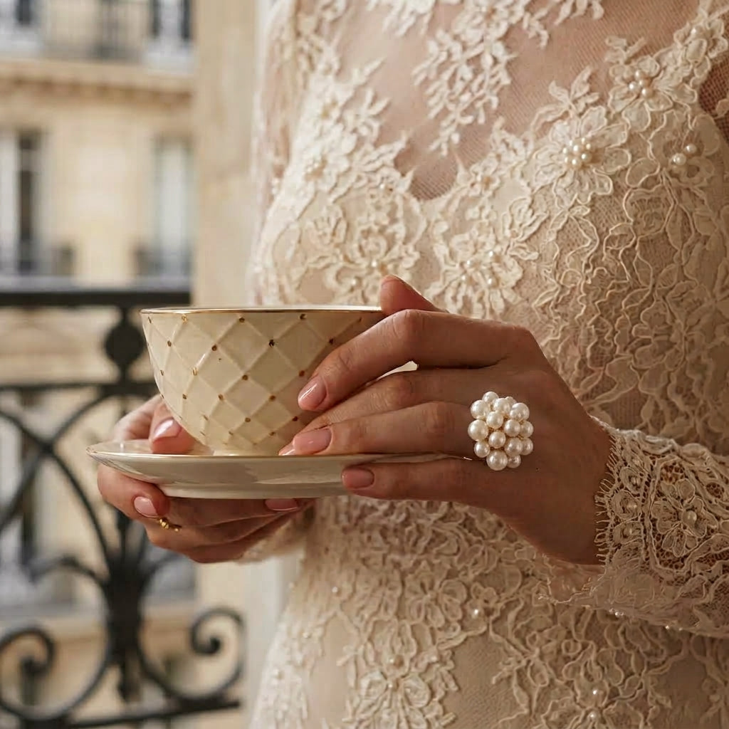 Woman in an elegant cream lace dress holding a teacup and saucer, wearing a statement ring made of clustered white pearls.