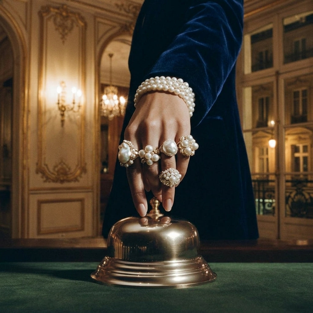 Woman in a navy velvet outfit wearing layered pearl bracelets and oversized pearl statement rings while pressing a brass service bell in an elegant interior.