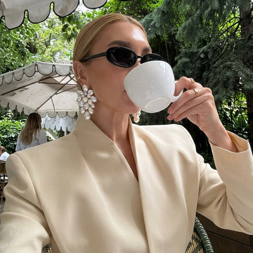 Woman in a cream blazer and black sunglasses drinking from a white cup, wearing oversized pearl statement earrings at an outdoor café.