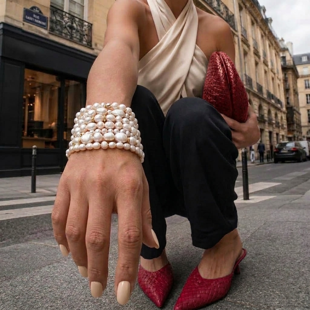 Woman wearing stacked white pearl bracelets with gold accents, posing on a Paris street with a red woven clutch and matching red heels.