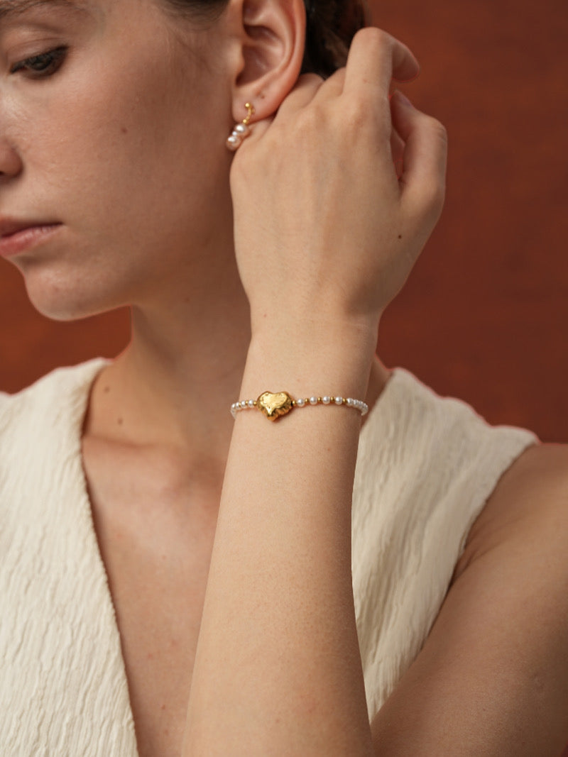 Bracelet Perles de Culture et Cœur Doré - Heartstring