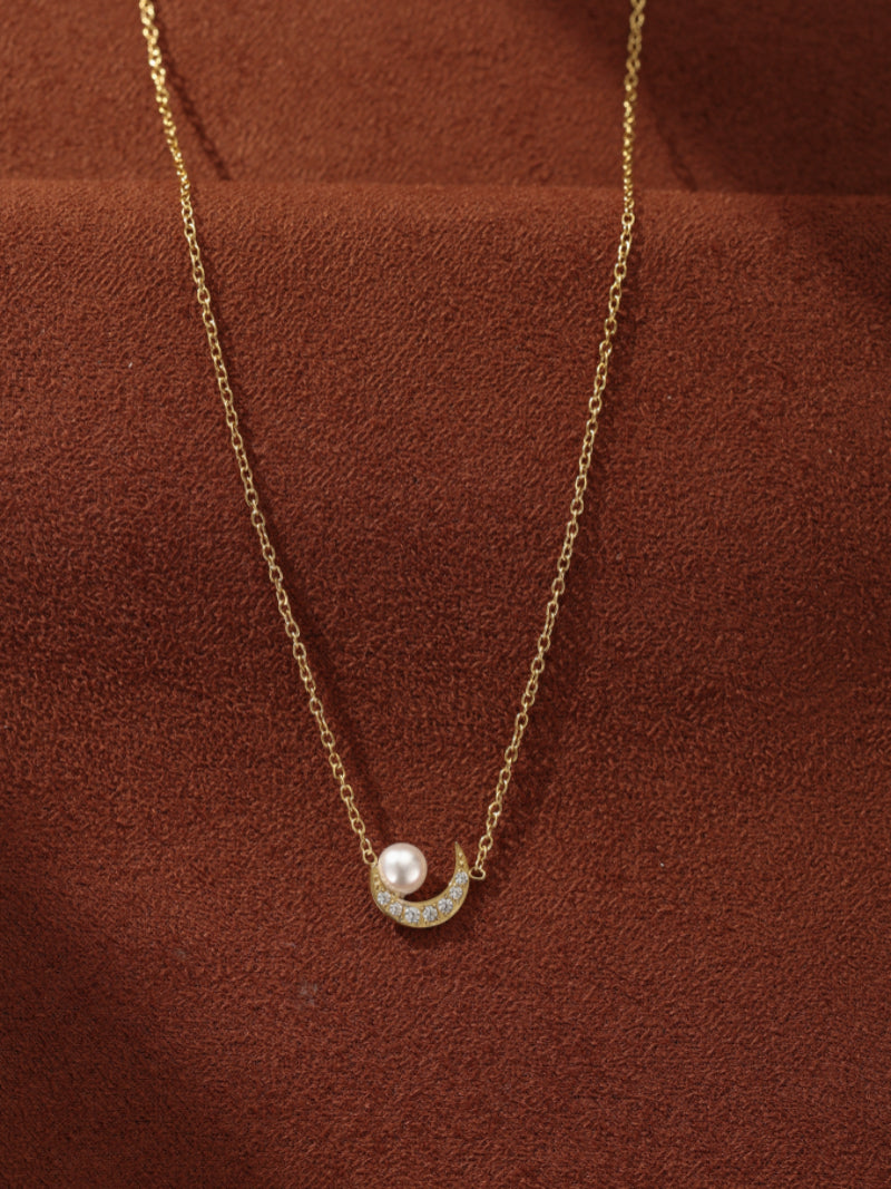 Lunar Whisper - Freshwater Pearl Moon Chain Charm Necklace