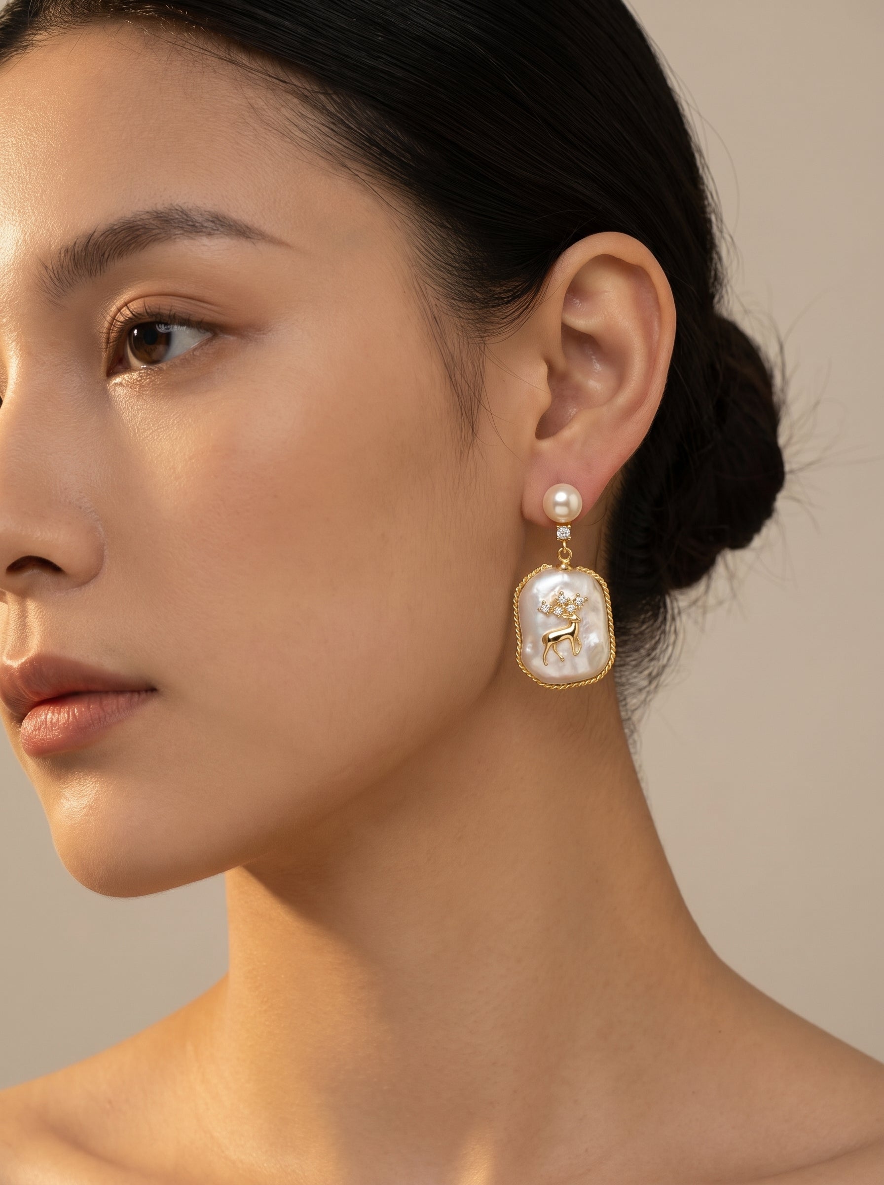 Wild Grace - Freshwater Pearl Deer Drop Stud Earrings