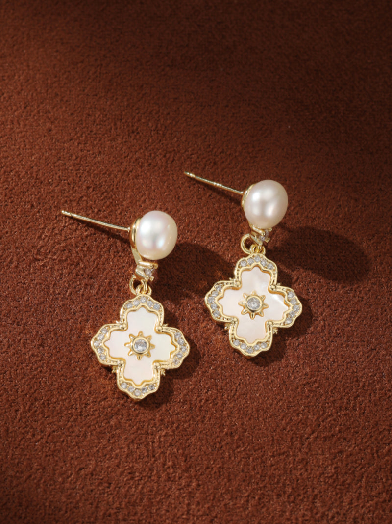 Aethel - Freshwater Pearl Cross Drop Stud Earrings