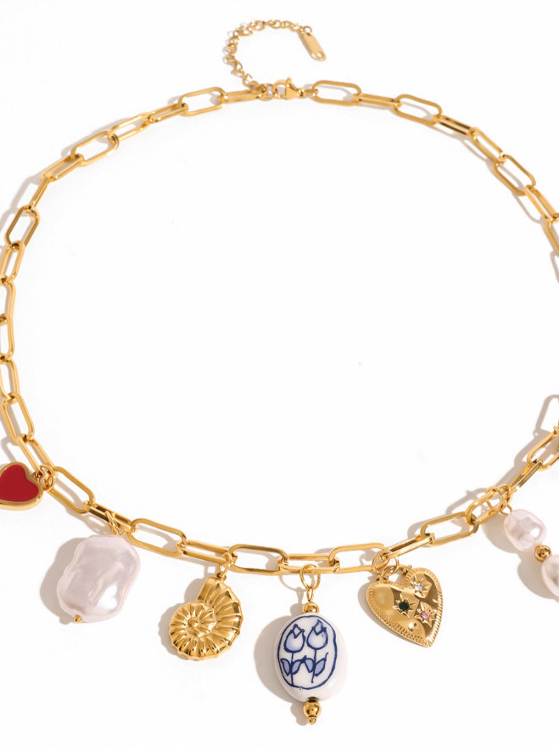 Kaleidoscope - Freshwater Pearl Heart Flower Chunky Chain Necklaces