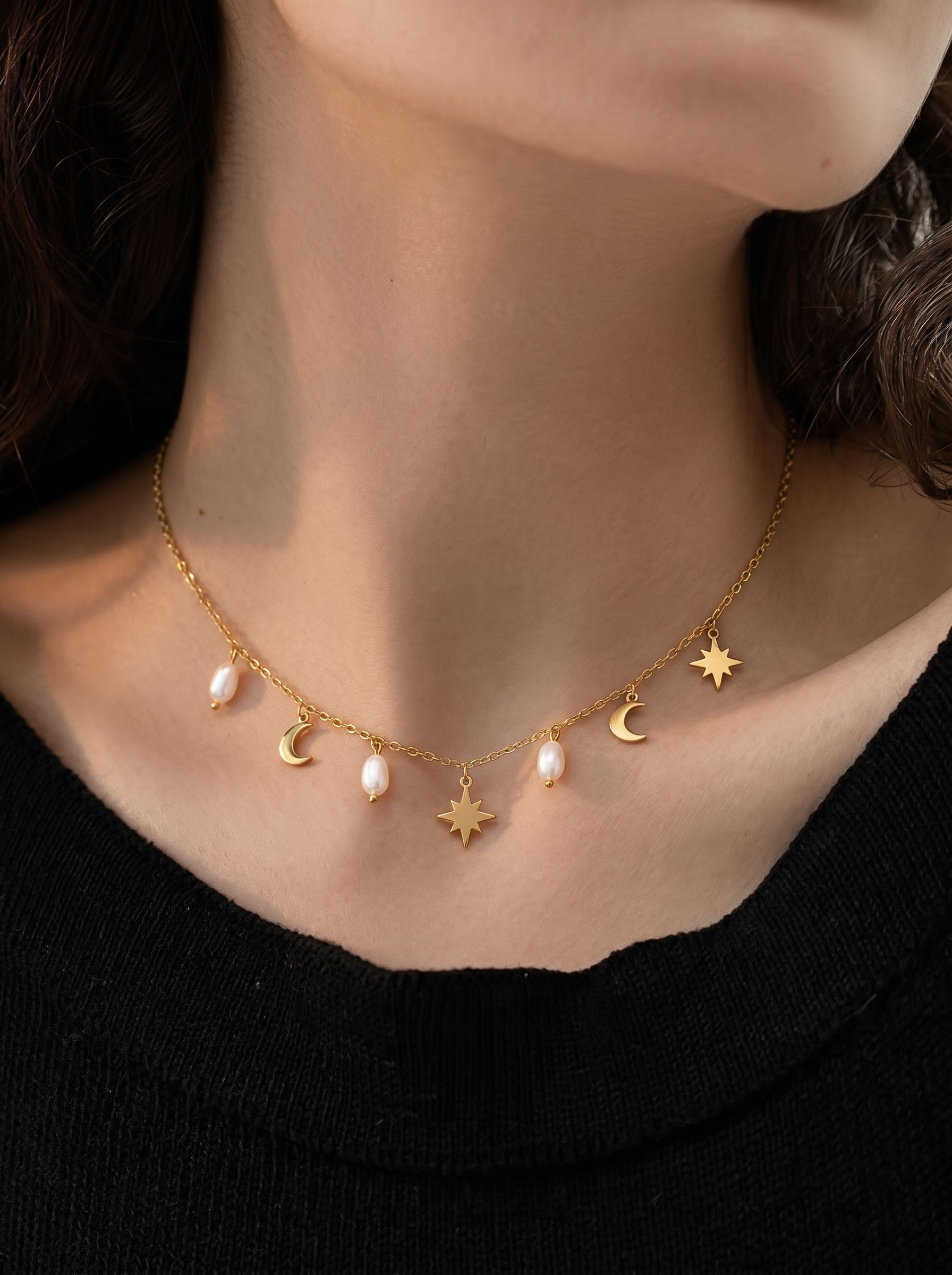 Cosmic Whisper - Freshwater Pearl Moon and Star Chain Necklaces