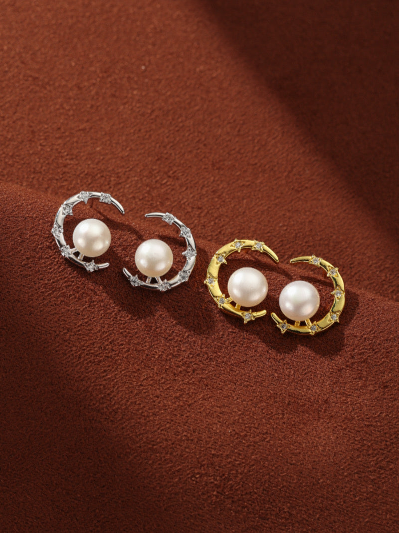 Lunar Crest - Freshwater Pearl Moon Stud Earrings