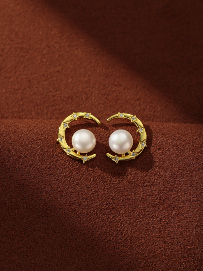 Lunar Crest - Freshwater Pearl Moon Stud Earrings