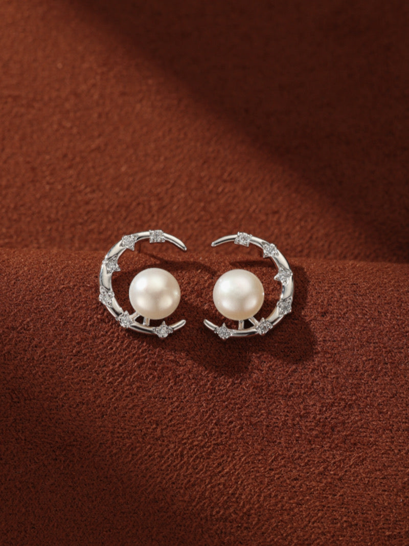 Lunar Crest - Freshwater Pearl Moon Stud Earrings