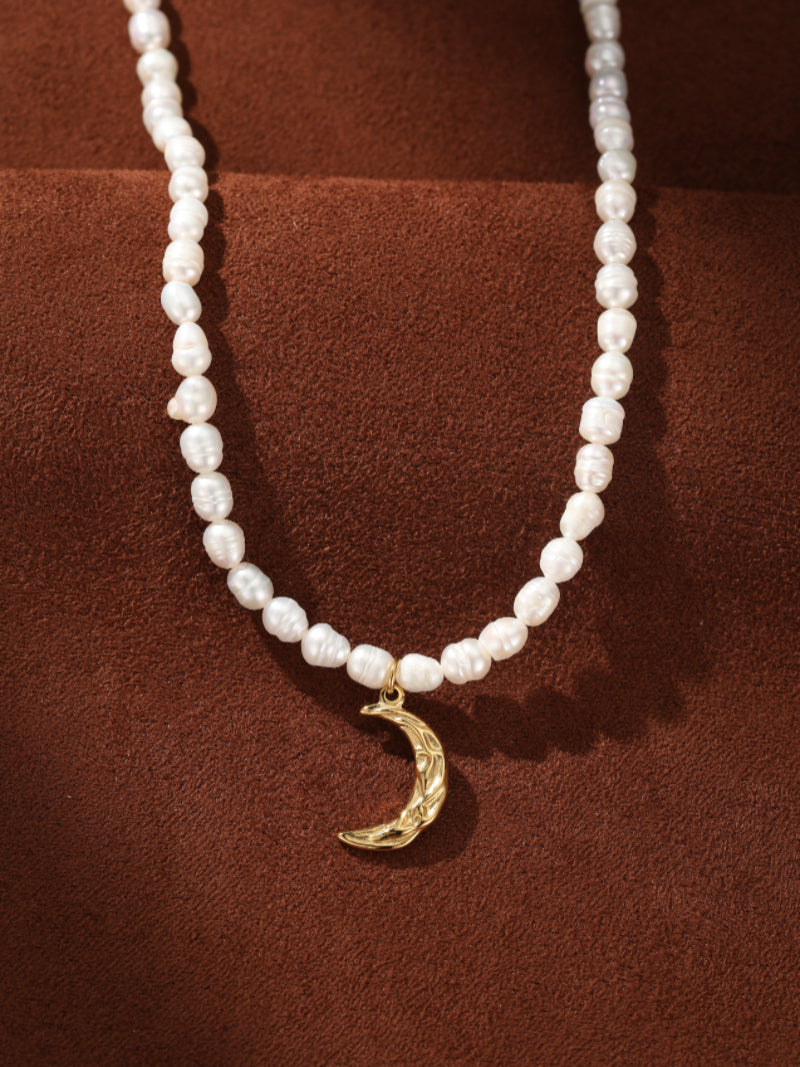 Ethereal Gleam - Freshwater Pearl Moon Beaded Choker Necklaces
