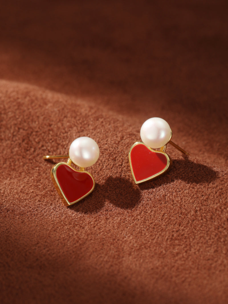 Ardour - Freshwater Pearl Heart Stud Drop Earrings