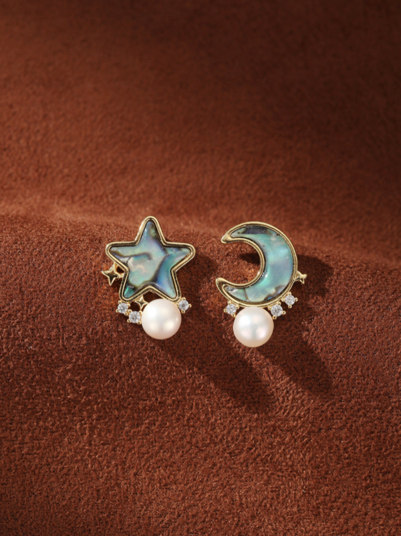 Orbit - Freshwater Pearl Moon and Star Stud Earrings