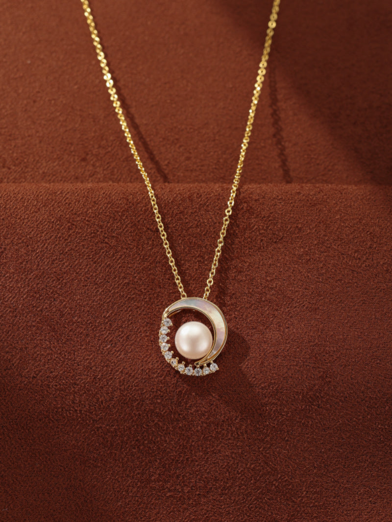 Celestial Haven - Freshwater Pearl Moon Charm Pendant Necklace