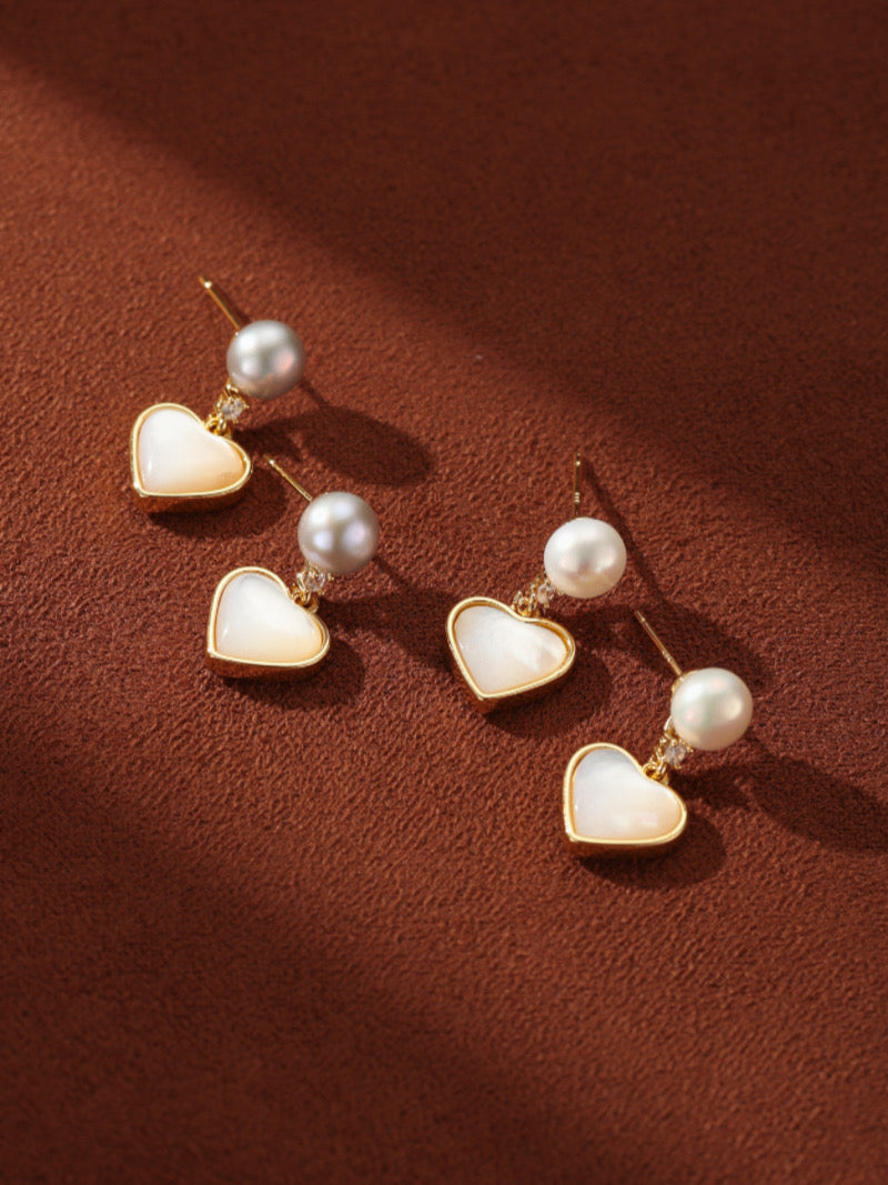 Cherish - Freshwater Pearl, Mother of Pearl Heart Drop Earrings