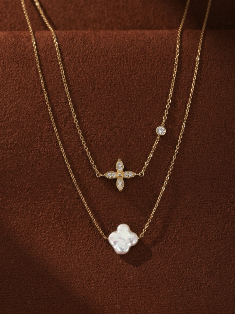Fortune - Collier superposé trèfle et perle de culture d'eau douce