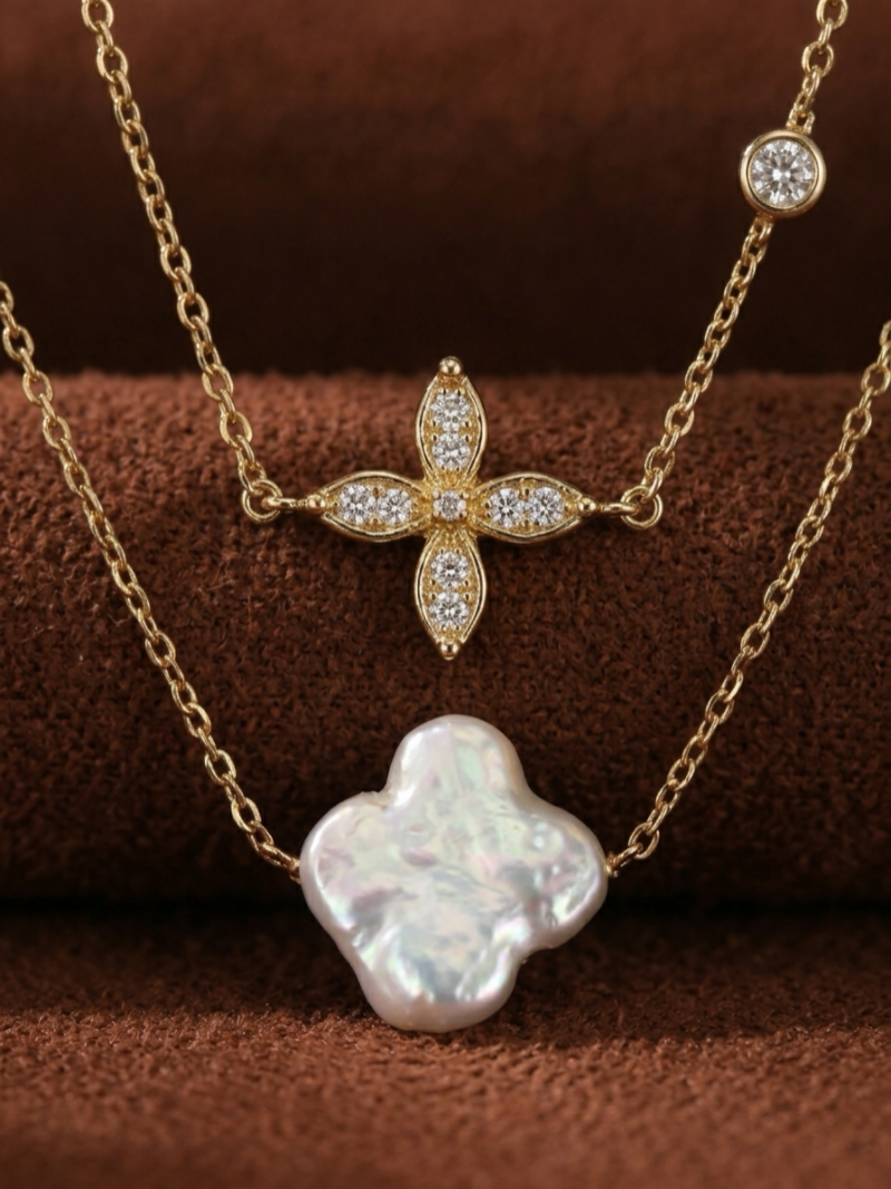 Fortune - Collier superposé trèfle et perle de culture d'eau douce