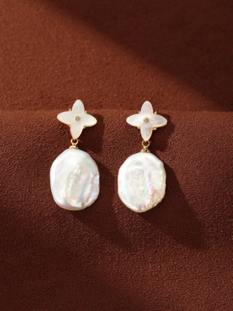 Celeste - Freshwater Pearl Quatrefoil Drop Earrings