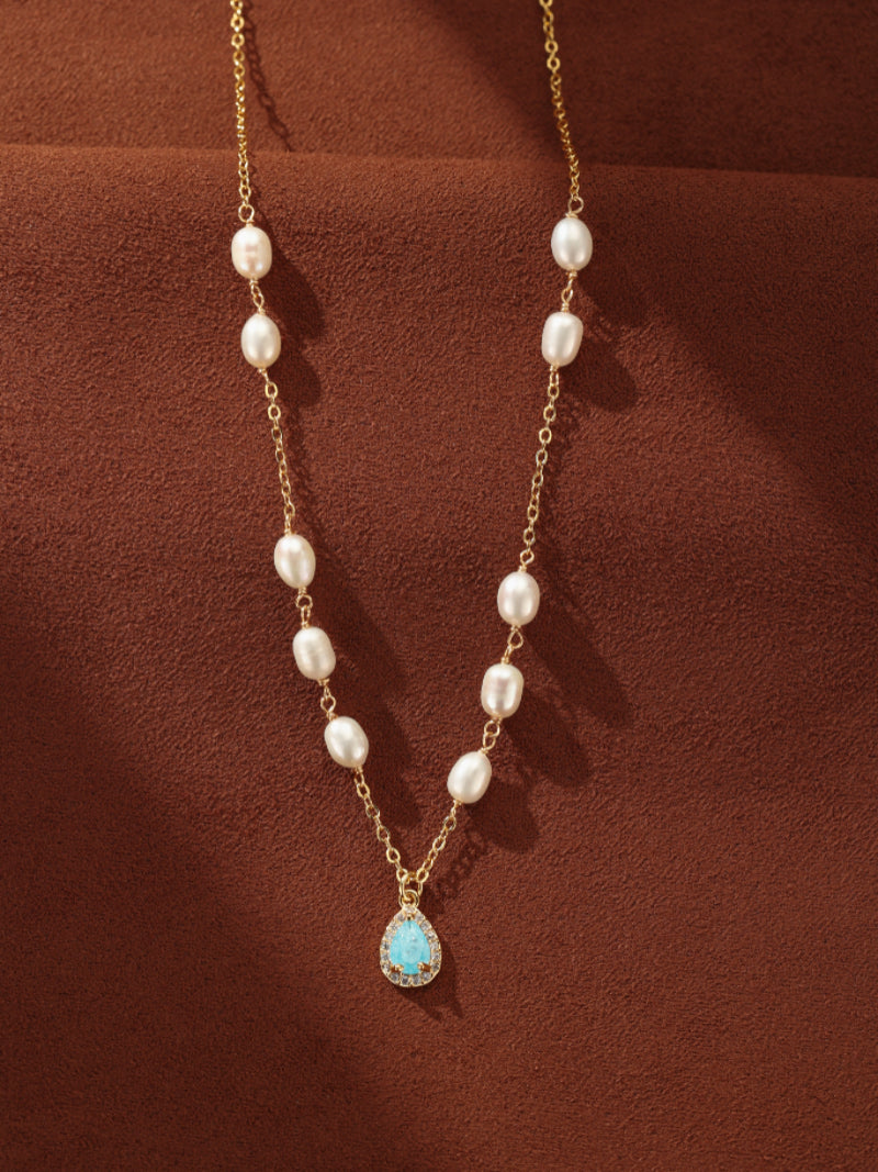 Cerulean Droplet - Freshwater Pearl Teardrop Beaded Pendant Necklace