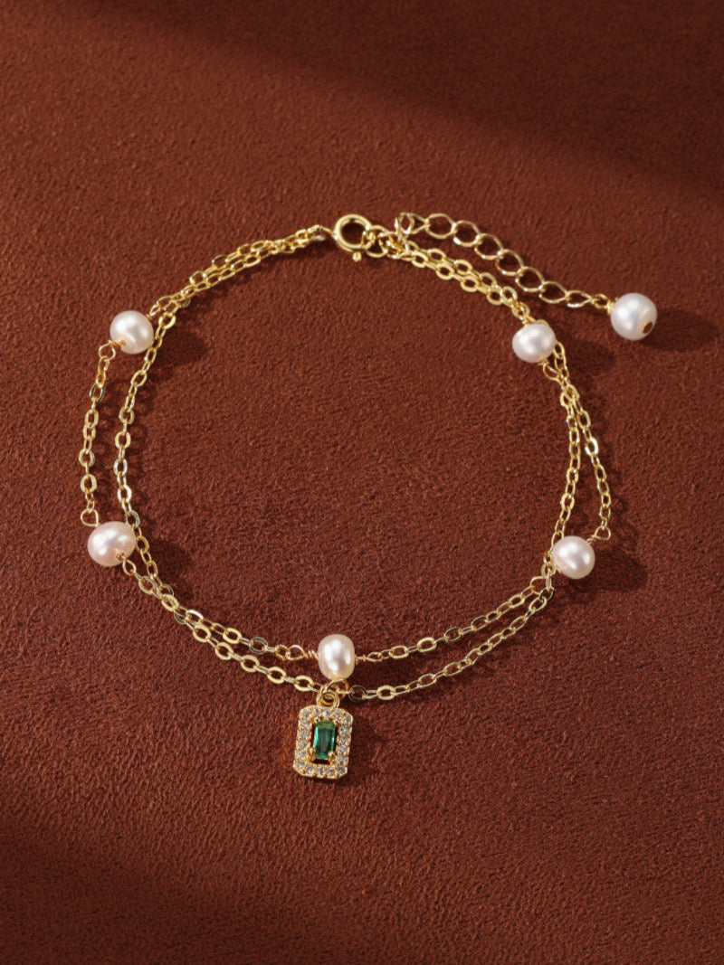 Emerald Link - Freshwater Pearl Emerald Charm Layered Charm Bracelet