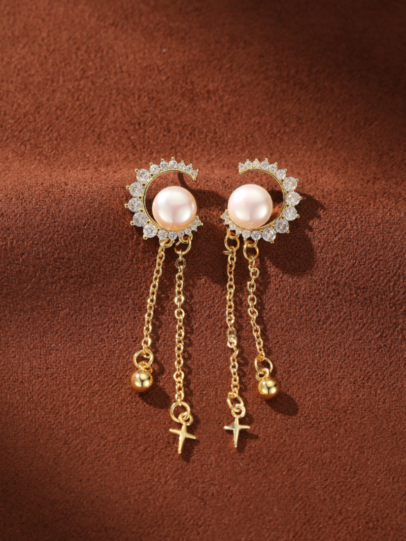 Moonlit - Freshwater Pearl Moon Dangle Earrings