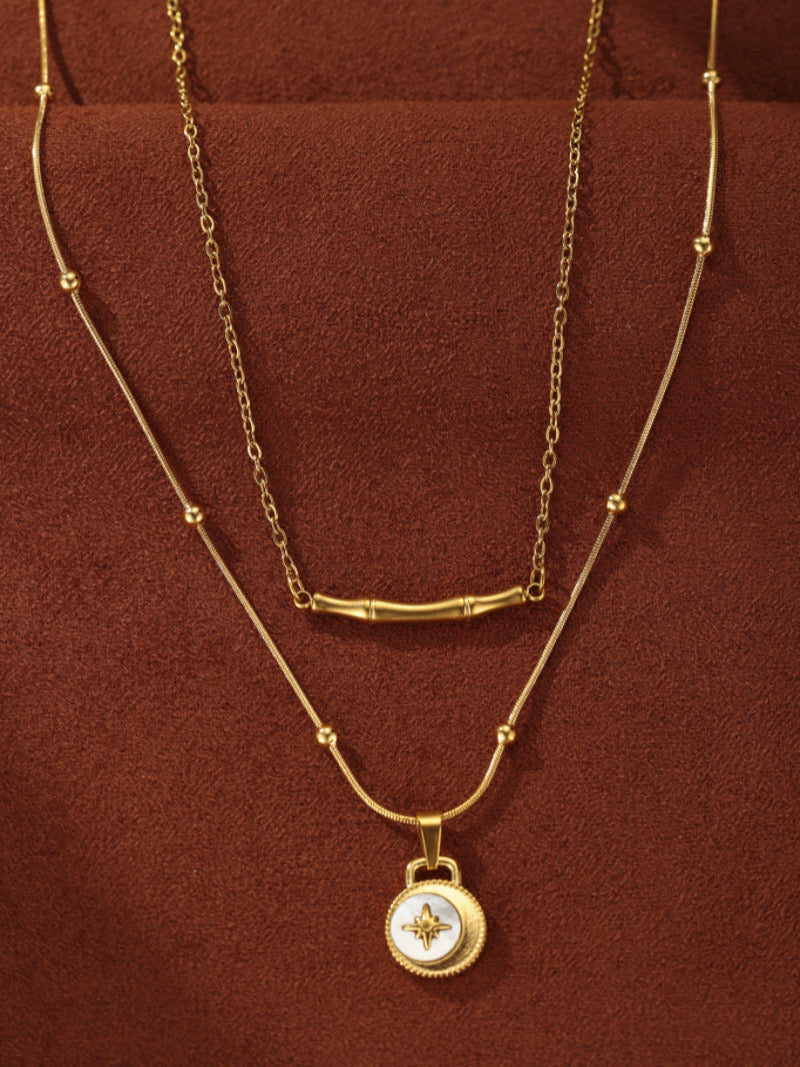 Empyrean Gaze - Mother of Pearl Star Layered Floating Pendant Necklace
